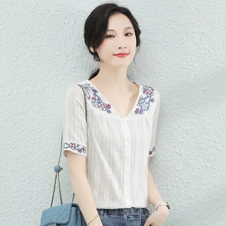 韩潮袭人民族风刺绣v领短袖衬衫2023夏新款女士设计感小众白衬衣商品大图