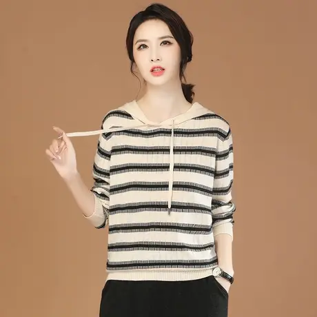 韩潮袭人连帽休闲条纹长袖针织衫女2023秋装新款宽松百搭毛衣上衣商品大图