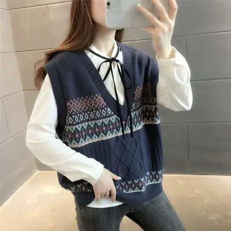 学院风提花毛衣女套头衫2023新款韩版V领坎肩马甲背心上衣打底衫图片