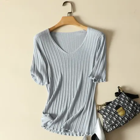 冰丝针织衫女装夏季新款V领宽松套头2022年韩版短袖t恤女百搭上衣商品大图