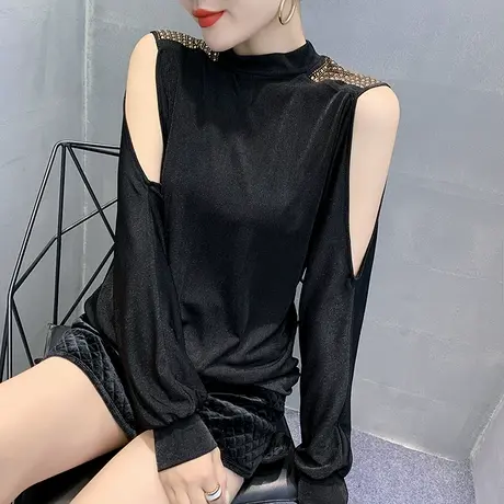 2023春秋新款欧货宽松镂空T恤女长袖ins潮性感露肩上衣百搭打底衫商品大图