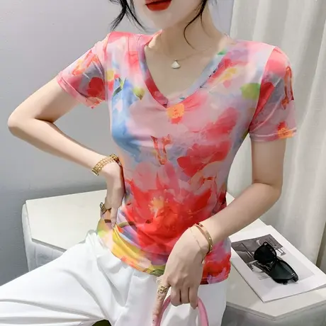 欧货气质网纱T恤女短袖夏季2023新款性感V领上衣拼色印花别致小衫图片