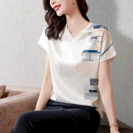 2023夏装新款V领女士短袖t恤很仙雪纺衫女气质宽松百搭印花上衣图片