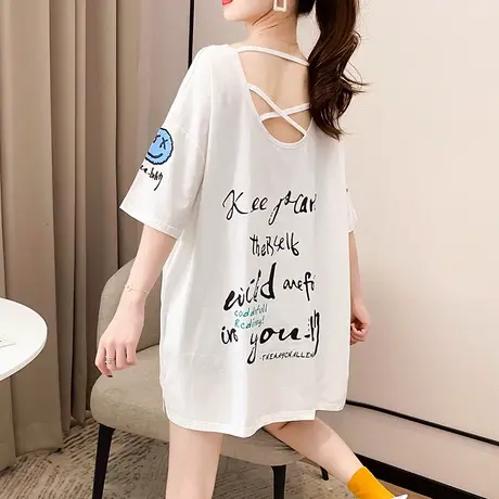 网红ins超火中长款短袖t恤女夏季欧货爆款印花宽松露背半袖上衣潮商品大图