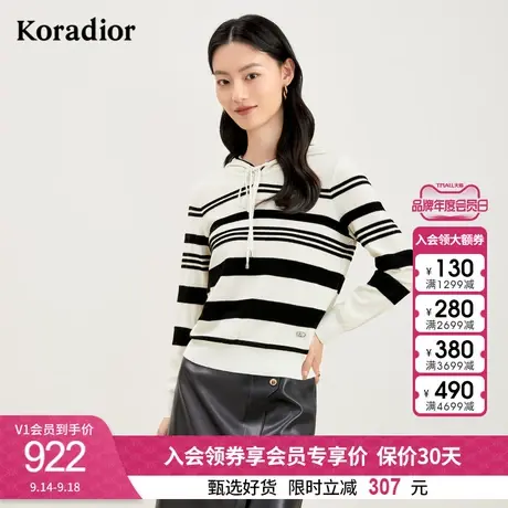 珂莱蒂尔女装2023秋季新款通勤法式气质连帽设计套头条纹针织衫图片
