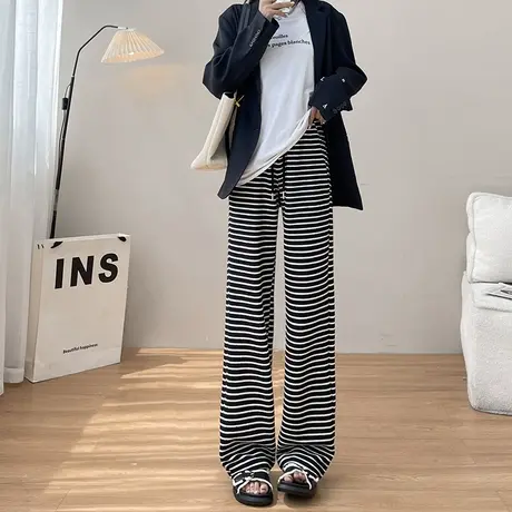 黑白条纹阔腿裤女春秋款高腰垂感针织裤子日系慵懒坠感窄版直筒裤图片