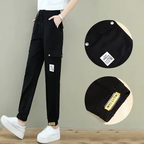 黑色工装裤女小个子美式休闲哈伦裤2023春秋高腰老爹帅气束脚裤子商品大图