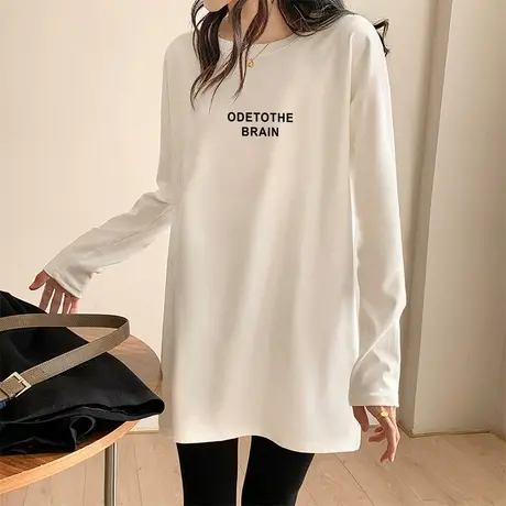 白色长袖T恤女中长款双面德绒打底衫女秋冬洋气内搭宽松显瘦上衣商品大图