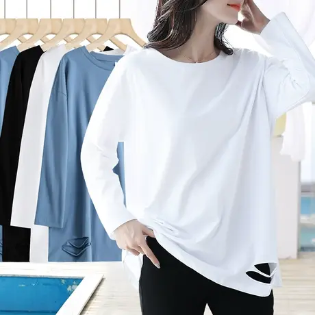 纯色下摆破洞白色设计感t恤女长袖打底衫内搭百搭纯棉圆领上衣服商品大图