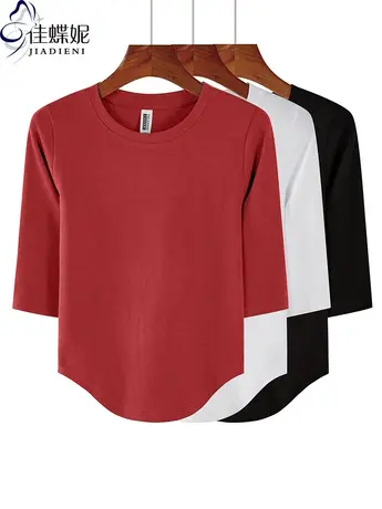春秋季韩版纯棉修身短款中袖体恤上衣领内搭打底衫女半袖下摆圆弧商品大图