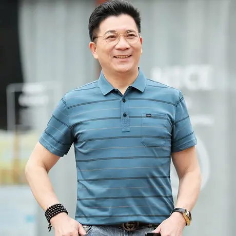 中年男士短袖t恤爸爸装冰丝半袖体恤汗衫夏季老人爷爷上衣服翻领商品大图