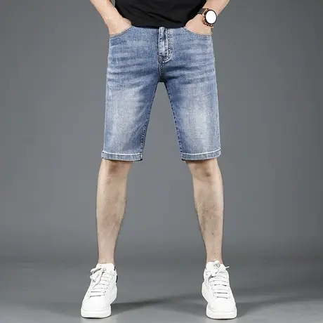 蓝色牛仔短裤男五分裤夏季薄款2023新款高端弹力休闲男士中裤修身商品大图