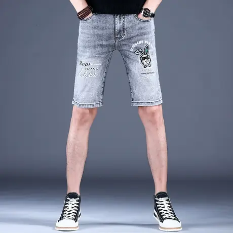 秋款薄款男士五分牛仔短裤男款灰色修身兔子刺绣印花2023夏天中裤商品大图
