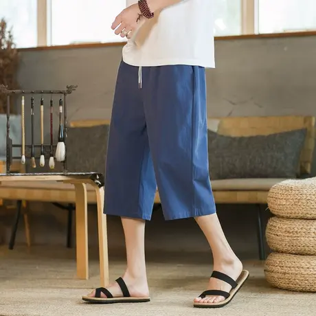 棉麻七分裤子男士夏季薄款亚麻潮牌7分外穿过膝中裤休闲运动短裤商品大图