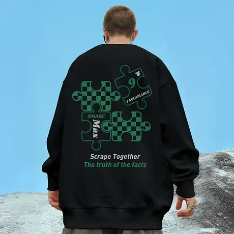 oversize港风圆领卫衣男美式潮牌ins大码男装秋冬季加绒加厚嘻哈图片