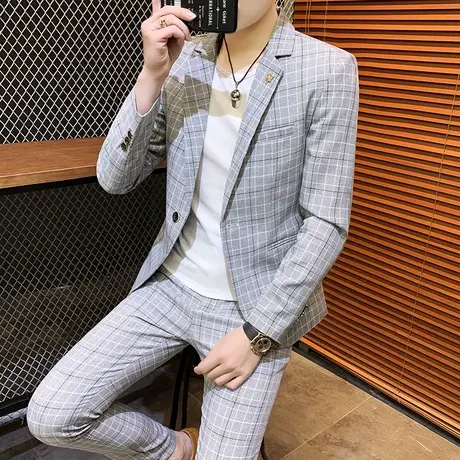 夏季男士西服套装 薄款休闲格子中袖小西装男外套韩版修身三件套商品大图