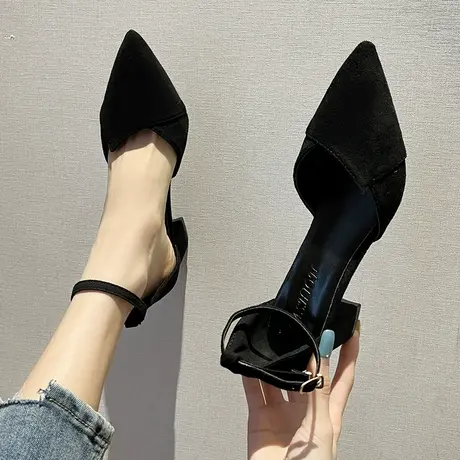 永希女鞋粗跟黑色高跟鞋女2023年春季新款包头凉鞋百搭浅口单鞋女图片