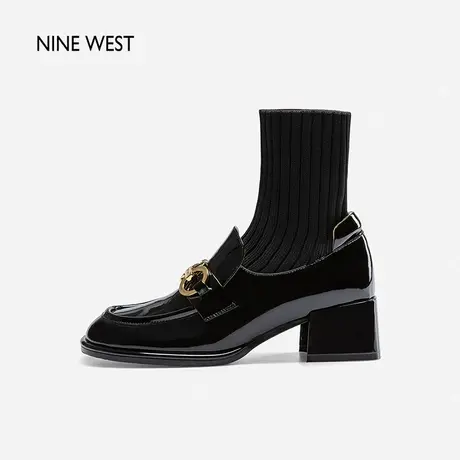 Nine West/玖熙金属扣袜靴女秋冬新款弹力短靴复古百搭乐福鞋粗跟图片