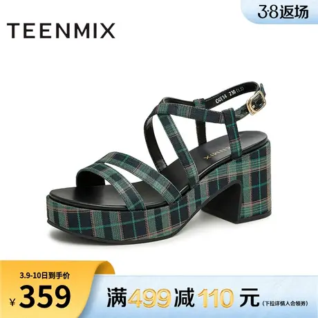 天美意一字带露趾坡跟凉鞋高跟鞋女厚底时装凉鞋子夏新款CQY14BL3图片
