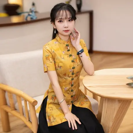 筠雅改良唐装上衣女夏款半身旗袍年轻款中式盘扣茶服棉麻复古外套商品大图