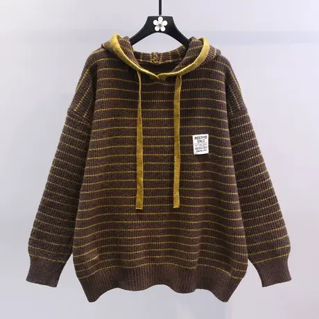 连帽条纹毛衣女秋冬2023新款复古慵懒风宽松外穿休闲百搭针织上衣图片