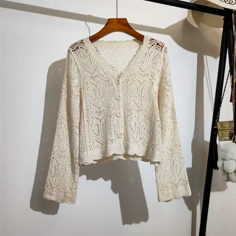 钩花镂空针织开衫女夏季防晒上衣吊带裙子外搭长袖短款披肩小外套商品大图