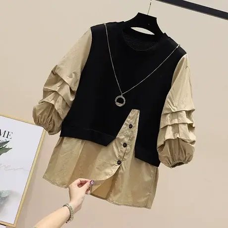 设计感小众假两件衬衫女2023年新款大码遮肚子宽松小个子衬衣春夏商品大图