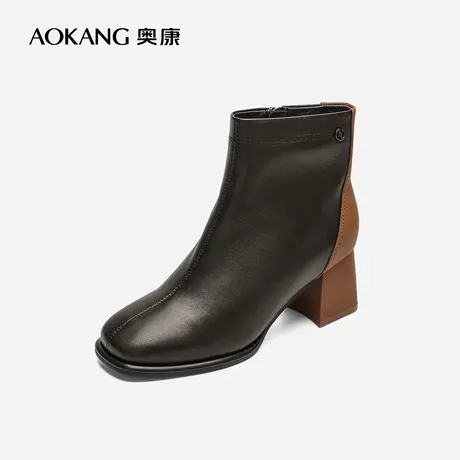 【门店发货】奥康女鞋 2022冬季新款加绒保暖时装靴短靴粗高跟图片