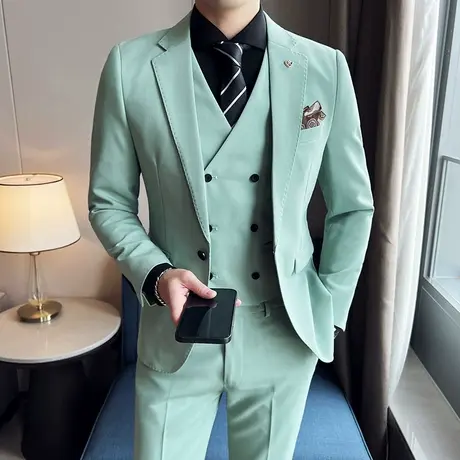 春夏薄款休闲西装男修身外套学生英伦风新郎伴郎团结婚礼服三件套图片