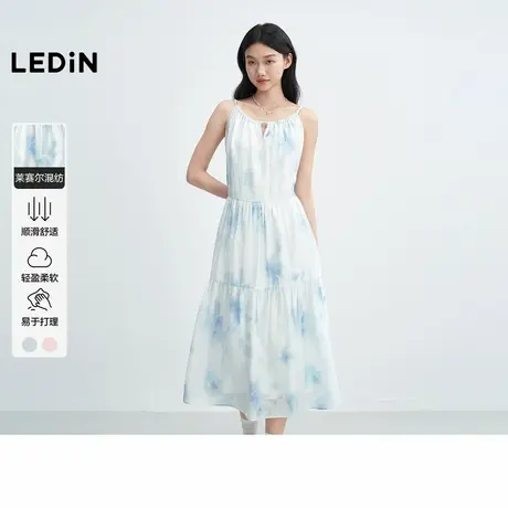 乐町天丝麻晕染花连衣裙女2025年夏季新款U型吊带蝴蝶结飘带裙子图片