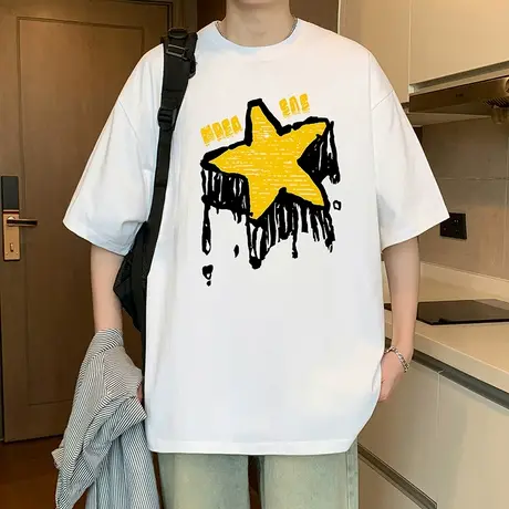 美式星星印花短袖t恤男夏季2025新款宽松半袖潮牌青少年纯棉上衣商品大图