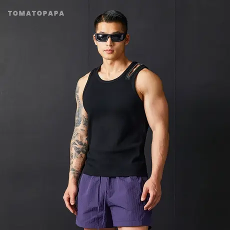 TOMATOPAPA美式经典修身无袖背心夏单肩拉链健身打底运动弹力上衣商品大图