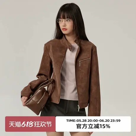 omont蛋挞家 复古麂皮立领机车外套2025春季休闲百搭拉链夹克皮衣图片