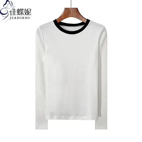 秋冬新款圆领撞色拼接纯棉纯色修身简约长袖体恤上衣内搭女打底衫商品大图