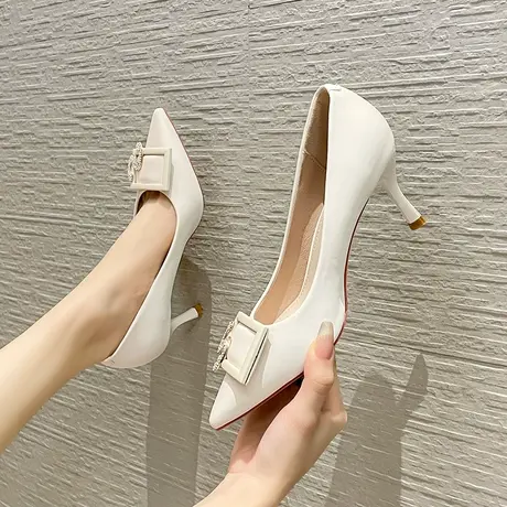 尖头细跟高跟鞋设计感小众气质2023秋季百搭新款水钻方扣气质单鞋商品大图