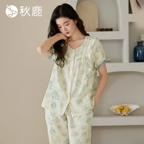 秋鹿婴儿肌触感透气吸汗柔软抗皱双层纱梭织纯棉睡衣女短袖家居服商品大图