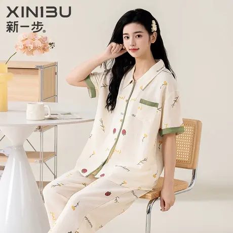 新一步短袖开衫女款睡衣夏季云朵棉翻领九分裤宽松休闲家居服套装商品大图