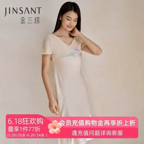 金三塔19姆米重磅真丝睡裙女春夏新品100%桑蚕丝贴布绣睡衣家居服商品大图