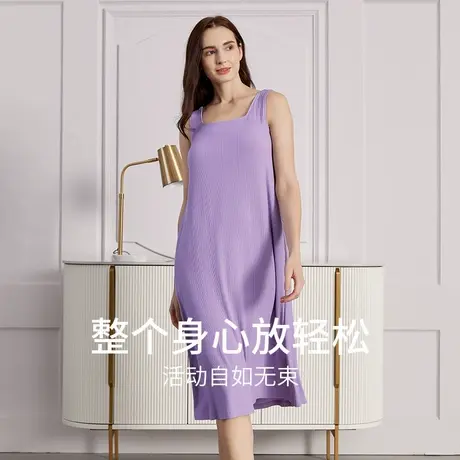 秋鹿【凉感冰丝】背心睡裙女夏季圆领简约纯色无袖中裙女款连衣裙商品大图