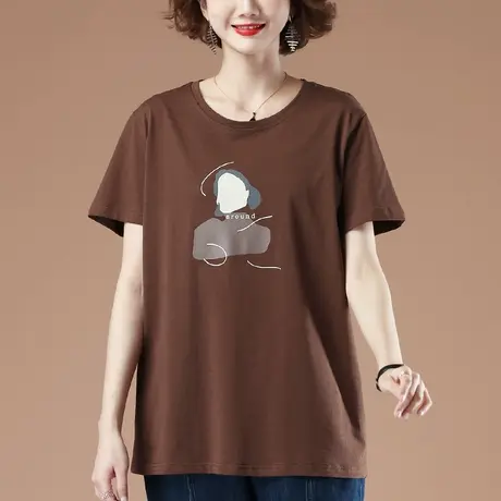 短袖t恤女夏季加肥加大码女装宽松休闲纯棉印花遮肚显瘦半袖体恤商品大图