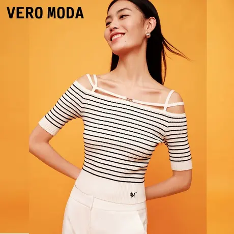 Vero Moda奥莱针织T恤女夏季新款修身一字肩气质条纹通勤打底上衣图片