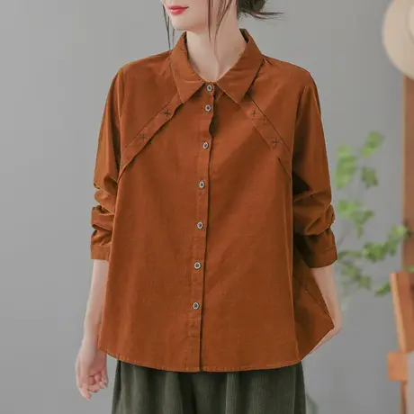 dza 复古拼接翻领长袖衬衫外套女士春秋新款衬衣宽松显瘦开衫上衣图片