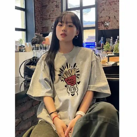 纯棉美式复古落肩潮牌卡通短袖t恤女2025新款设计感小众慵懒上衣商品大图