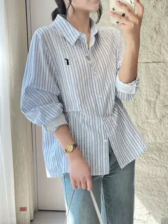 2023韩版条纹长袖衬衫女秋装新款衬衣设计感小众撞色百搭宽松上衣图片