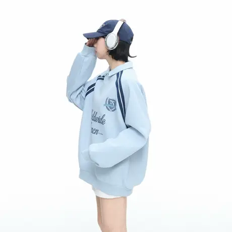 美式潮牌撞色印花翻领套头卫衣女春秋新款宽松休闲运动风外套上衣图片