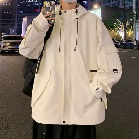 冲锋衣外套男春秋季新款潮牌宽松工装连帽夹克男士休闲户外防风衣商品大图