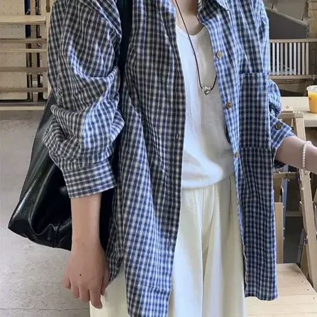 蓝格子衬衫外套女2025春夏韩系宽松休闲衬衣百搭复古防晒上衣外套商品大图