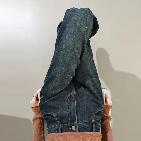 复古刺绣烫钻阔腿牛仔裤女春秋新款高腰直筒宽松垂感显瘦拖地裤子商品大图