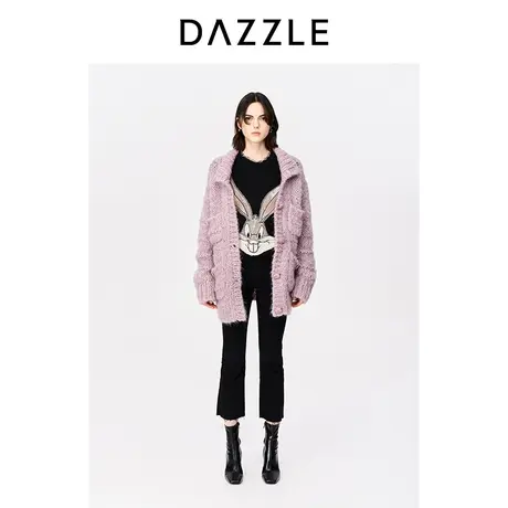 DAZZLE地素奥莱23春新款法式紫色粗线针织中长款毛衣开衫外套图片