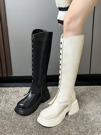 铆钉厚底不过膝长靴女两穿2023秋冬新款高跟圆头粗跟高筒靴骑士靴图片